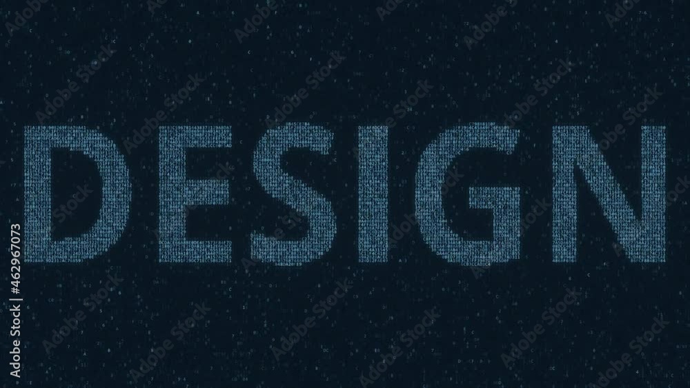 DESIGN text made with many symbols on computer screen, 3d animation DESIGN text made with many symbols on computer screen, 3d animation