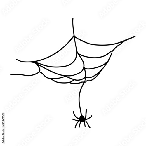 A black and white image in the form of a spider hanging on a web for the Halloween holiday.