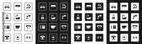 Set Sunbed with umbrella, Bathtub, Suitcase, Hotel room, Hair dryer, Air conditioner, Credit card and Telephone handset icon. Vector