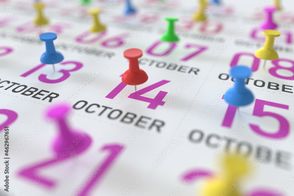 October 14 date marked with red pushpin on a calendar, 3D rendering October 14 date marked with red pushpin on a calendar, 3D rendering