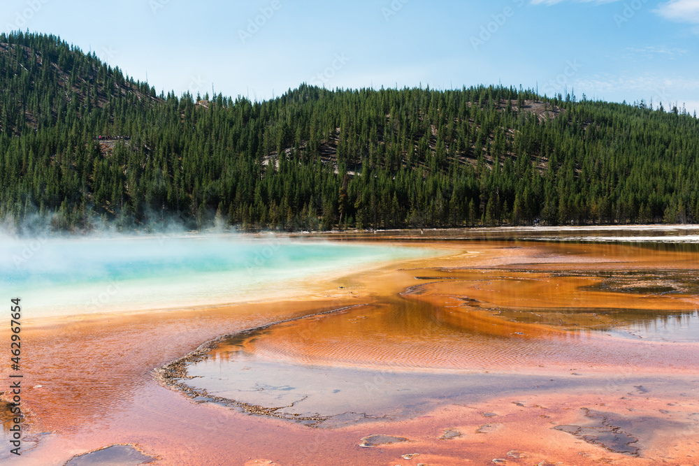 Grand Prismatic Spring is in Midway Geyser Basin, Yellowstone National Park, Teton County, Wyoming. Grand Prismatic Spring is in Midway Geyser Basin, Yellowstone National Park, Teton County, Wyoming.