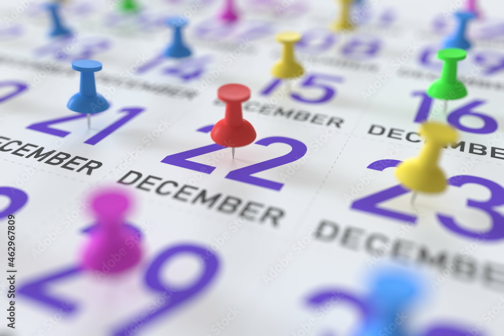 December 22 date and push pin on a calendar, 3D rendering December 22 date and push pin on a calendar, 3D rendering