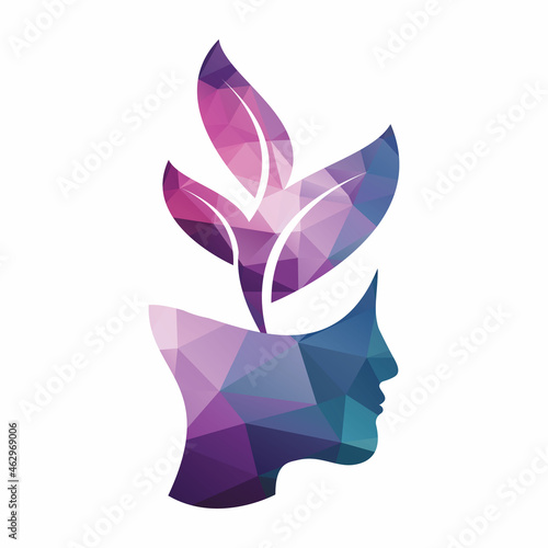 Female head with  brain tree logo concept. Organic brain  tree mind concept design.