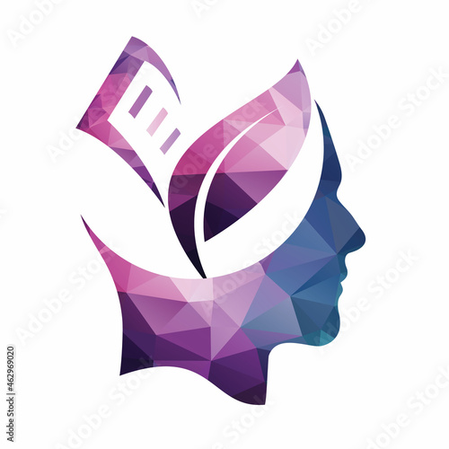 Human head with plant and book logo concept. Organic education brain template design.
