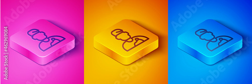 Isometric line Wizard warlock icon isolated on pink and orange, blue background. Square button. Vector