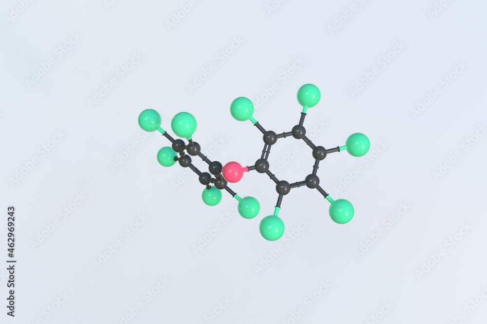 Decabromodiphenyl ether molecule made with balls, isolated molecular model. 3D rendering Decabromodiphenyl ether molecule made with balls, isolated molecular model. 3D rendering