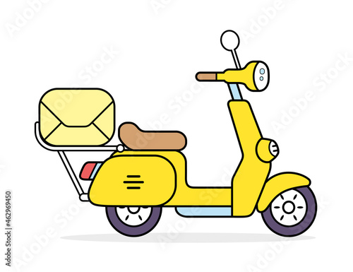 Yellow delivery motor scooter with envelope or parcel box isolated cartoon vector