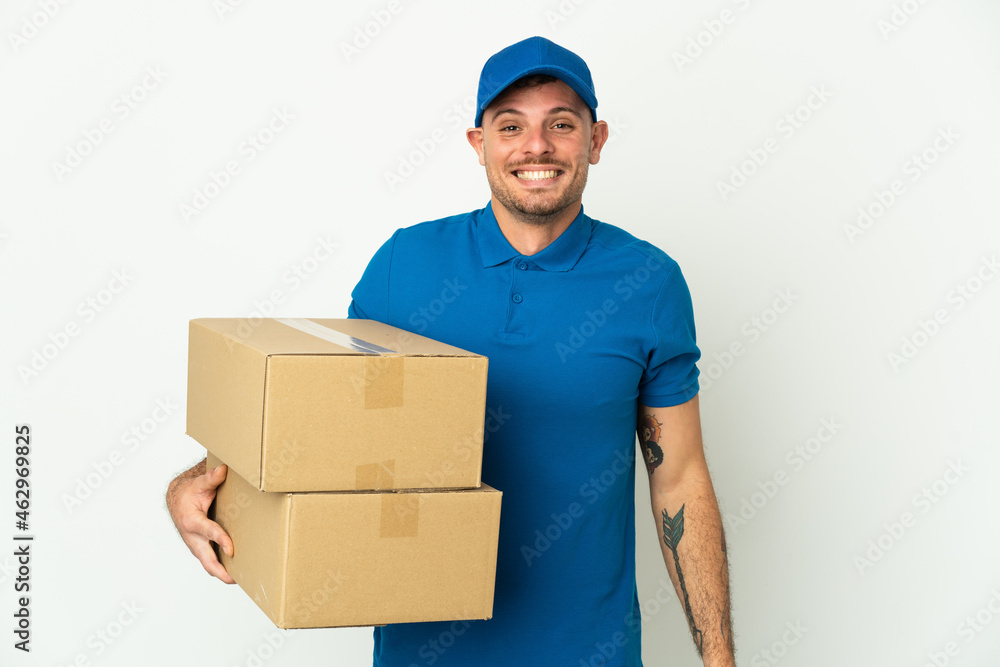 Delivery caucasian man isolated on white background with surprise facial expression Delivery caucasian man isolated on white background with surprise facial expression