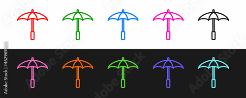 Set line Sun protective umbrella for beach icon isolated on black and white background. Large parasol for outdoor space. Beach umbrella. Vector