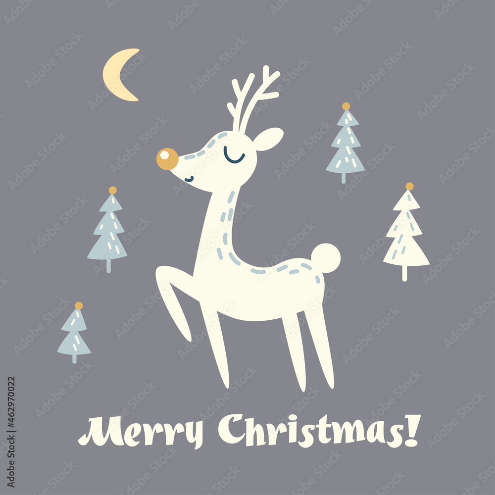 Christmas deer in cartoon style and Christmas trees. Christmas card. Vector illustration on the theme of winter holidays. Christmas deer in cartoon style and Christmas trees. Christmas card. Vector illustration on the theme of winter holidays.