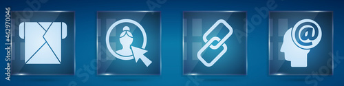 Set Envelope, Create account screen, Chain link and Mail and e-mail. Square glass panels. Vector