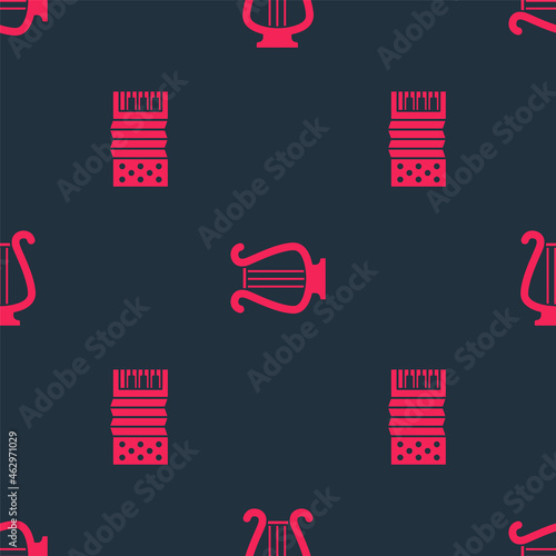 Set Accordion and Ancient lyre on seamless pattern. Vector