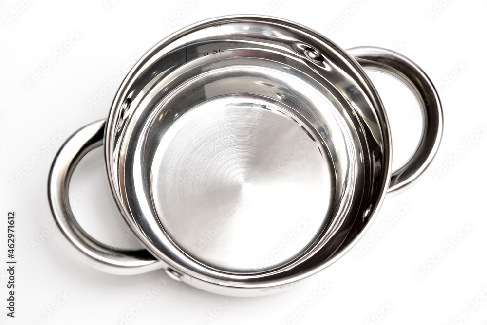 Steel empty cooking pot top view on white background Steel empty cooking pot top view on white background