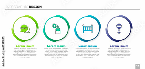 Set Speech bubble mom, Breast pump, Baby crib cradle bed and Rattle baby toy. Business infographic template. Vector