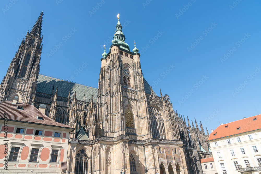 Exterior Gothic architectural detail and structure of St. Vitus Cathedral