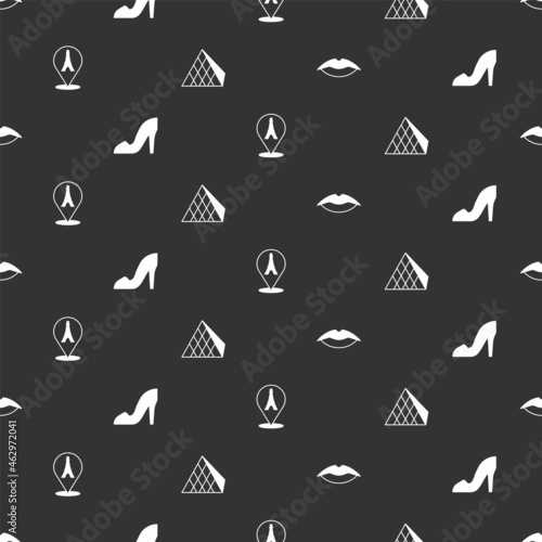 Set Smiling lips, Woman shoe, Eiffel tower and Louvre glass pyramid on seamless pattern. Vector