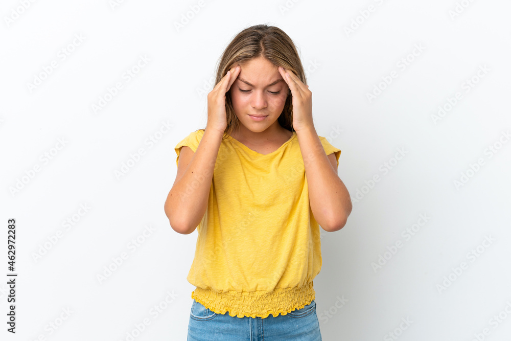 Fototapeta premium Little caucasian girl isolated on white background with headache