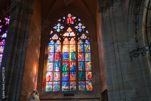 Stained glass lead-light feature window comprised of religious scenes
