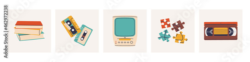 Cute trendy illustrations - stack of books, audio and video cassettes, a TV with a video recorder, puzzles. Set of vector isolated elements for retro design.