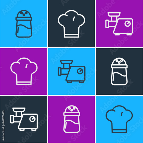 Set line Salt, Kitchen meat grinder and Chef hat icon. Vector