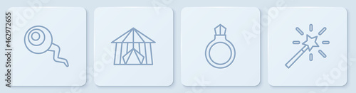 Set line Eye, Magic stone ring with gem, Circus tent and wand. White square button. Vector