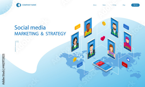 Isometric Social Network Concept. Chatting Mobile Application. Management, Consulting and Marketing.