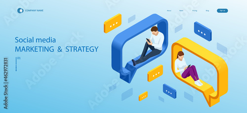 Isometric Social Network Concept. Chatting Mobile Application. Management, Consulting and Marketing.