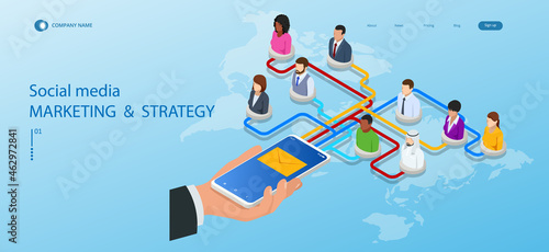Isometric Social Network Concept. Chatting Mobile Application. Management, Consulting and Marketing.