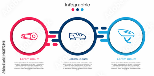 Set line Bicycle chain with gear, shoes and helmet. Business infographic template. Vector