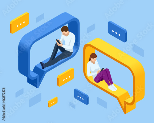 Isometric Social Network Concept. Chatting Mobile Application. Management, Consulting and Marketing.