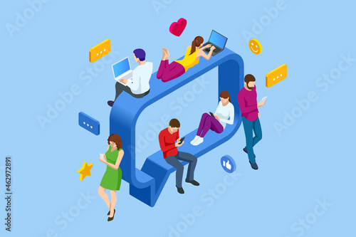 Isometric Social Network Concept. Chatting Mobile Application. Management, Consulting and Marketing.