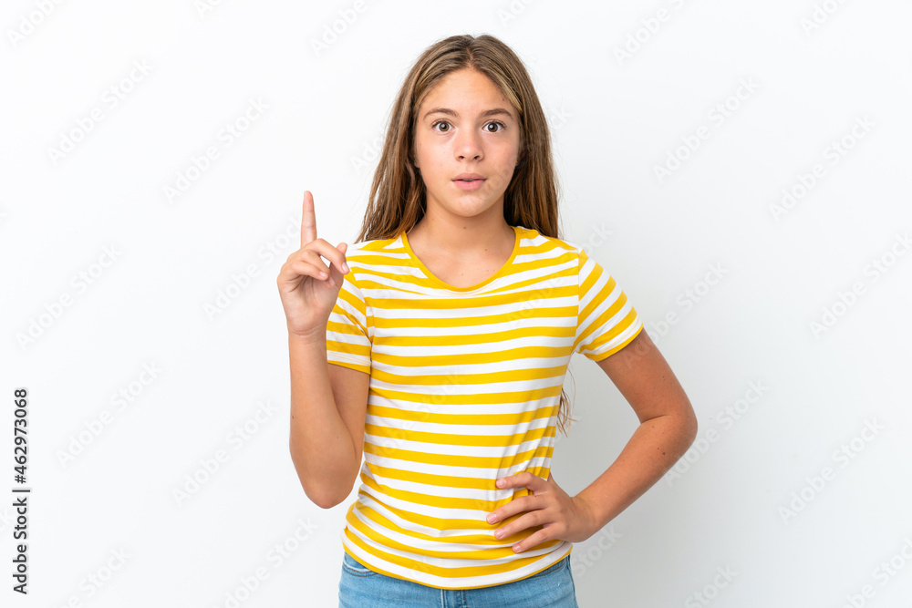 Little caucasian girl isolated on white background thinking an idea pointing the finger up Little caucasian girl isolated on white background thinking an idea pointing the finger up