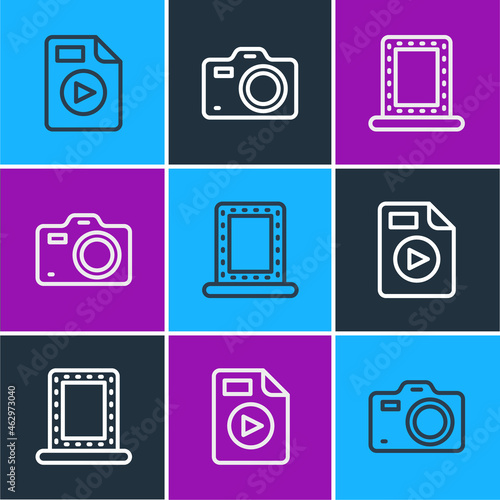 Set line AVI file document, Makeup mirror with lights and Photo camera icon. Vector