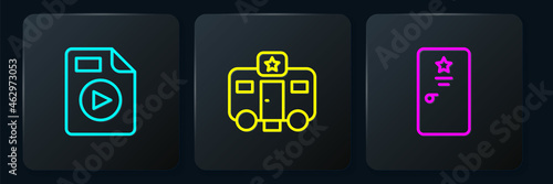 Set line AVI file document, Backstage and Actor trailer. Black square button. Vector