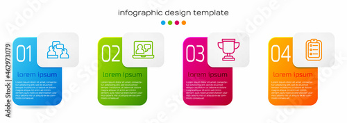 Set line Two sitting men talking, Online education, Award cup and To do list or planning. Business infographic template. Vector