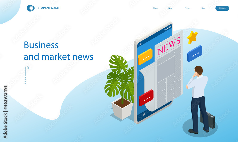 Isometric business news concept. Business news website on digital tablet, everyday searching for job and business opportunities