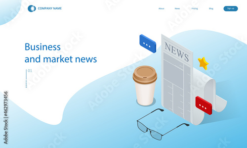 Isometric business news concept. Business news website on digital tablet, everyday searching for job and business opportunities