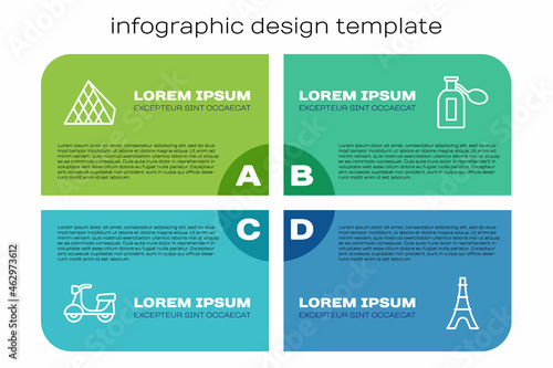 Set line Scooter, Louvre glass pyramid, Eiffel tower and Perfume. Business infographic template. Vector