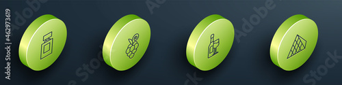Set Isometric line Perfume, Grape fruit, Wine bottle with glass and Louvre pyramid icon. Vector