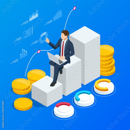 Isometric concept of business analysis, analytics, research, strategy statistic, planning, marketing, study of performance indicators. Investment in securities, smart investment, strategic management