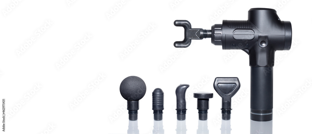 Percussion massager of deep muscle tissues for athletes, relaxes relieves pain. Handheld wireless professional therapeutic shock massage gun. Massager attachments Percussion massager of deep muscle tissues for athletes, relaxes relieves pain. Handheld wireless professional therapeutic shock massage gun. Massager attachments