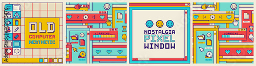 Vintage desktop windows and boxes, template for square social media post, seamless patterns, frame for slogan.Old computer pixel screen, user interface. Sticker pack of retro computer elements.