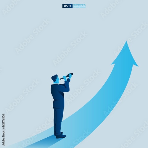 Businessman character looking through telescope seeing success vision with arrow up. Financial, Return on investment ROI chart increase profit vector illustration concept.