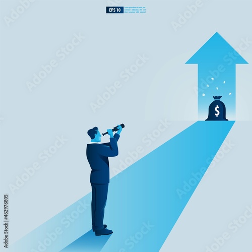 Businessman character looking through telescope seeing success vision with arrow up. Financial, Return on investment ROI chart increase profit vector illustration concept.