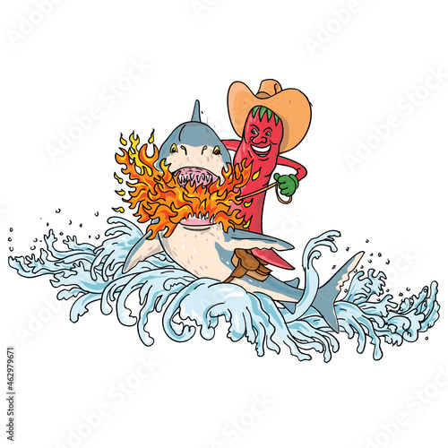 Vintage tattoo style illustration of a cowboy hot chili pepper riding a great white shark breathing fire on a saddle jumping up with waves on isolated white background done in full color.