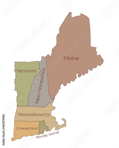 Drawing of a map of New England states comprising six states in Northeastern United States, Connecticut, Maine, Massachusetts, New Hampshire, Rhode Island and Vermont on isolated background.