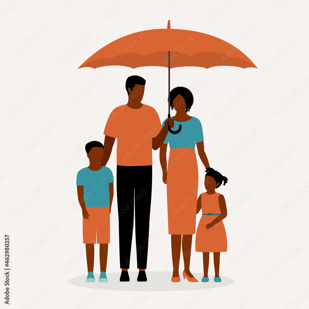 Black Family With Two Children Standing Under An Umbrella. Stock Vector ...