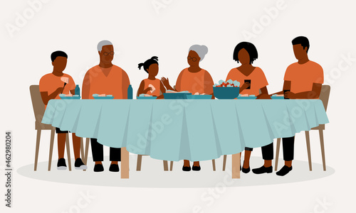 Three Generation Of Black Family Includes Grandparent, Parent And Grandchildren Are Having Dinner Together.