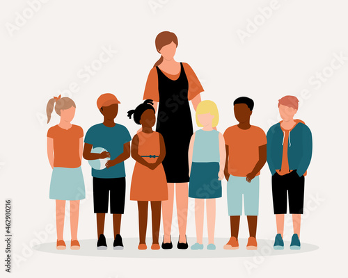 Portrait Of Black Children And White Children Standing Together With A Female Teacher.