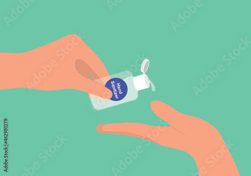 Human Hands Using Portable Hand Sanitizer. Travel Size Pocket Handrub. Alcohol Gel Small Bottle.